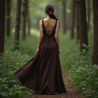 Robe longue asymétrique marron pour femme, style corset à lacets, bretelles larges, coupe haute-basse, style bohème gothique, pour soirée, vente en gros, personnalisable