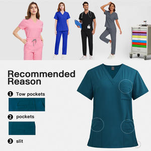 Conjunto de Uniformes Médicos Unisex Color Borgoña que Absorben la Humedad |   Top de Manga Corta con Cuello <span class=keywords><strong>en</strong></span> V y Pantalones con Cordón Ajustable, 94% Poliéster, 6% Elastano |   OEM - Product Image 6