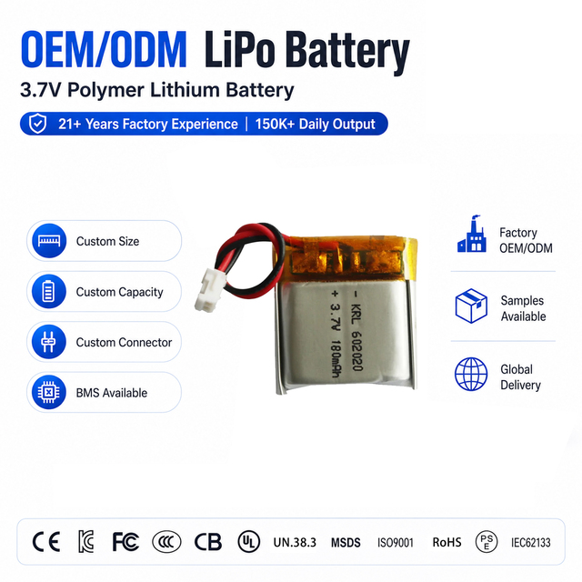 KRL UN38.3 Certified Rechargeable Lithium Ion Battery 3.7v 602020 180mAh 6.0x20x20mm 500 Cycles Heating Shoes Consumer