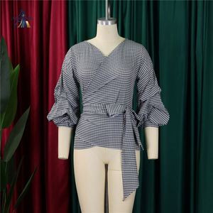 Camicetta Elegante da Donna AL con Scollo a V, Maniche a Sbuffo, Grande Fiocco e Lacci, Motivo a Quadri - Product Image 5