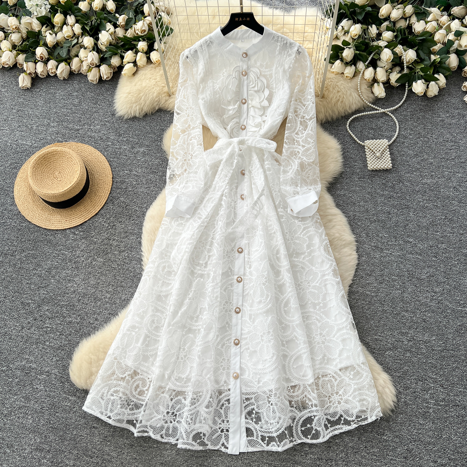 French Elegant Embroidered Sheath Dress Women 2025 Autumn Tie-Waist  Single-Breasted Chiffon Long Gown| Alibaba.com