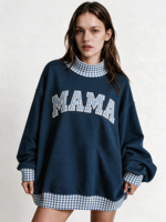Sweat-shirt à col montant brodé patchwork pour femme, en mélange de coton, manches longues, style décontracté, pull d'automne, vente en gros