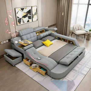 Çok fonksiyonlu akıllı yatak odası mobilyası king-size yatak depolama ile Modern çift kişilik yatak