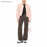 Jaket Kerja Wanita Warna Merah Muda Muda Model Crop Kerah Beige Lengan Panjang Saku Tempel Jaket Kasual Utilitas Produsen OEM ODM