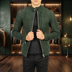 <b>Men's</b> Green <b>Suede</b> Moto <b>Jacket</b> Stand Collar Zipper Closure Slim Fit Autumn Wear - Product Image 2