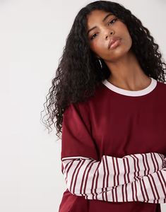 <span class=keywords><strong>Camiseta</strong></span> de Contraste para Mujer High Street Girls, Bloques de Color, 100% Algodón, <span class=keywords><strong>Camiseta</strong></span> de Doble Capa de <span class=keywords><strong>Manga</strong></span> <span class=keywords><strong>Larga</strong></span> con <span class=keywords><strong>Rayas</strong></span> Rosas - Product Image 2
