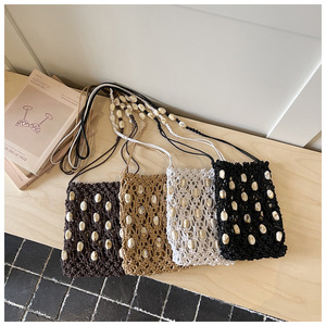 Crochet Crossbody Bag Women Bohemian Style Pearl <b>Decoration</b> Hollow Out Pattern <b>Summer</b> Daily Use Open Closure - Product Image 1