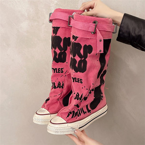 Botas altas de lona con grafiti de otoño para mujer, botas antideslizantes de seguimiento medio de cabeza redonda, botas de suela de goma de moda de ocio para mujer - Product Image 6