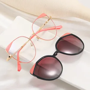 2024 2 In 1 occhiali magnetici polarizzati donna TR90 miopia ottico Cat Eye occhiali da vista montatura elegante Clip su occhiali da sole 96019
