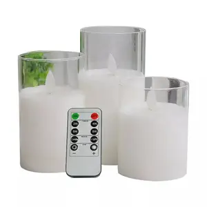 Battery Powered Glass Flameless Flickering Candle With Remote Wax Pillar Led Candles Light Electronic Candle With Moving Flame