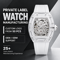 Montre mécanique automatique pour hommes, boîtier en alliage transparent en forme de baril, 44mm, pointeur lumineux, bracelet en Silicone ajouré, étanche à 30M