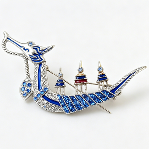 Pin Metálico de Barco Dragón, Plateado, Esmalte Duro, Cristal Azul, Tema Animal, Coleccionable, Forma Irregular - Product Image 3