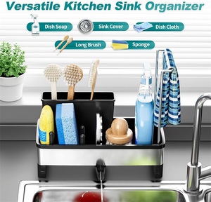 Support d'évier de cuisine en acier inoxydable antirouille à un niveau, <span class=keywords><strong>porte</strong></span>-éponge à vidange automatique, organisateur moderne avec barre <span class=keywords><strong>porte</strong></span>-serviettes, vente en gros - Product Image 2