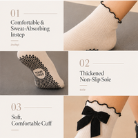 Calcetines de Pilates para mujer con lazo de terciopelo negro, antideslizantes, transpirables, absorbentes del sudor, calcetines de yoga con agarre para ballet, elegantes con ribete de volantes