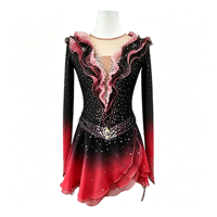 Robe de patinage artistique à volants dégradé noir et rouge, jupe en mousseline ornée de strass, costume de performance à manches longues pour compétition, personnalisable