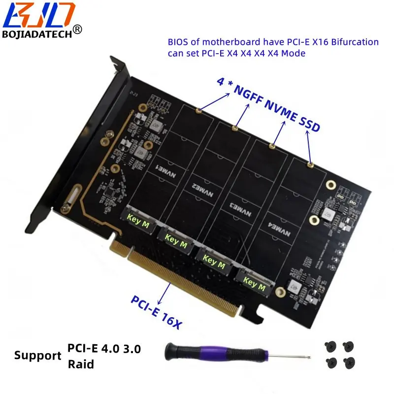 Carte adaptateur PCI-E 4.0 vers M.2 NVME SSD 4 ports NGFF key-m Slot vers PCIE 3.0 X16 Expansion Raid Card 4x32Gbps pleine vitesse