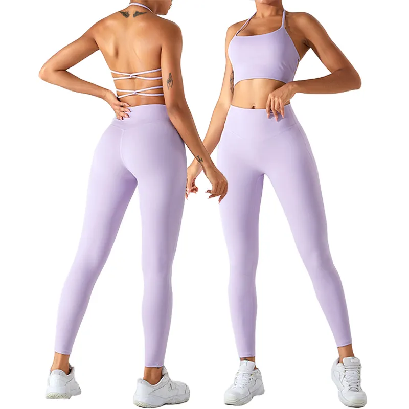 Roupas esportivas da moda de cor sólida para meninas emagrecimento sutiã esportivo de nylon macio conjunto de leggings de cintura alta com logotipo