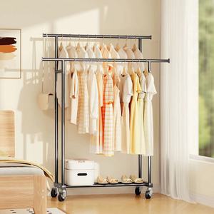Porte-vêtements à double tringle sur roulettes, robuste, en métal, avec étagère inférieure pour rangement de chambre et placard - Product Image 2