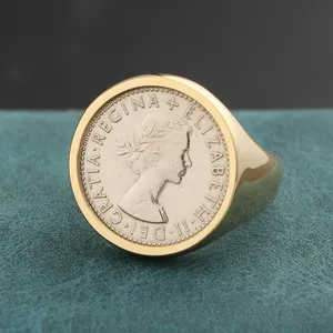 Custom Logo Engraved Geometric Signet Ring 925Silver 9K Solid Gold Coin Signet Ring Men Rings