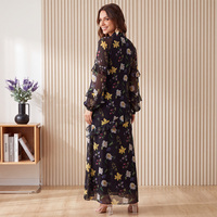Robe longue élégante en mousseline à imprimé floral, col noué, manches longues, volants et fente, pour femme, idéale pour les mariages, les cocktails et les soirées.