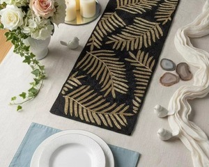High On Demand <b>Black</b> Gold Embroidered Table <b>Runner</b> with Floral Pattern for Wedding Hotel and Restaurant Use Available For Sale - Product Image 3