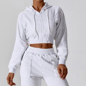 Heavyweight Terry Autumn 100% Cotton Breathable Casual <b>Crop</b> <b>Zip</b>-<b>Up</b> Hoodie and Joggers Set with Front Logo for Women - Product Image 5