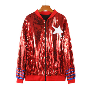 Chaqueta de lentejuelas para <span class=keywords><strong>mujer</strong></span> Texan 2026 para el Día del Partido, con patrón sólido en rojo, blanco y azul, logotipo frontal de jersey tejido y cierre de cremallera - Product Image 3