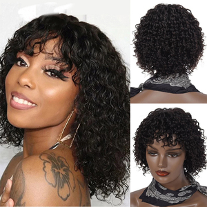Perruque <span class=keywords><strong>Bob</strong></span> naturelle indienne Remy avec frange, cheveux courts et bouclés, bon marché, pour femmes noires - Product Image 2