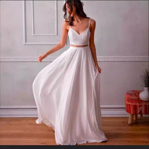 White Spaghetti Strap Lace Wedding Dress A-Line Chiffon Sweetheart Neckline Backless Long Sleeveless Ivory White Pure White - Product Image 3