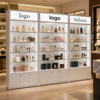 Vitrine de présentation de parfums minimaliste, meuble de présentation cosmétique personnalisé, mobilier pour salon de beauté et boutique de cosmétiques avec rangement et éclairage LED