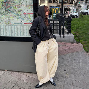 กางเกงขายาวทรงหลวมเอวต่ำสไตล์ยุโรปอเมริกันสำหรับผู้หญิง สีพื้น มีเชือกผูก แต่งระบาย ขากว้าง สวมใส่สบาย - Product Image 5