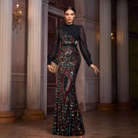 Robe de soirée sirène multicolore à sequins, col montant, manches longues transparentes, élégante, de luxe, style arabe, pour soirée, longue