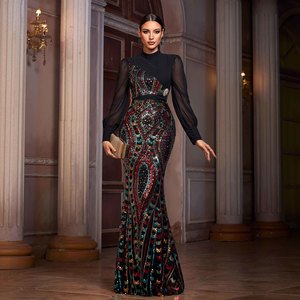 Abito da Sera Multicolore con Paillettes, Collo Alto, Maniche Lunghe Trasparenti, Stile Sirena, Elegante Abito Lungo da Festa di Lusso Arabo - Product Image 1