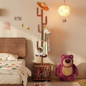 Porte-manteau carré en bois massif Bona Gold avec panier à linge, multifonctionnel, sur pied, pour chambre à coucher et usage domestique - Product Image 1