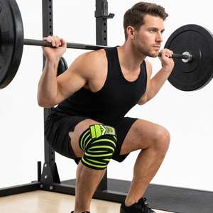 Bandes de genou professionnelles robustes en néoprène vert fluo, élastiques et respirantes, avec fermeture pour la musculation et le bodybuilding - Product Image 1
