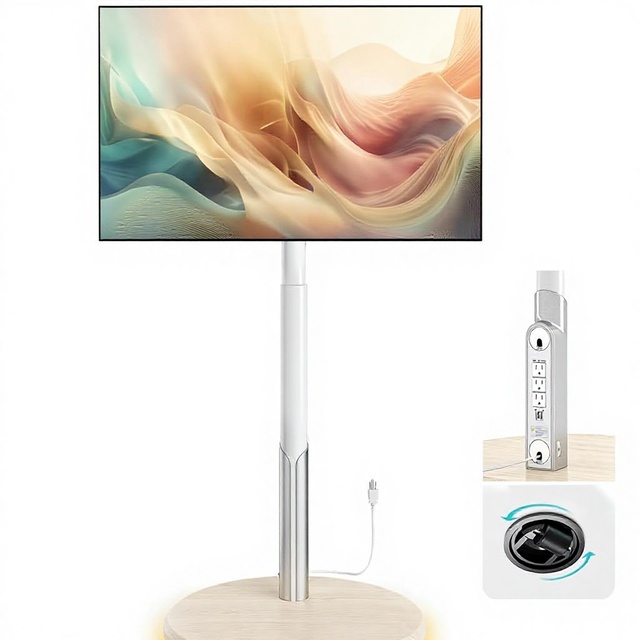 Floor Mobile TV Stand Power Outlet Rolling Cart 27-65 Inch OLED LED Monitors 6 Levels Height Adjustment Ambient Lighting Bottom