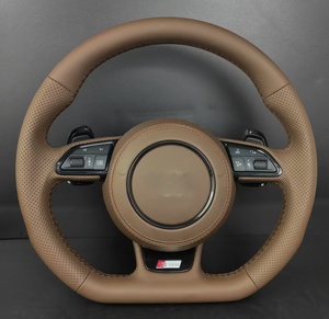 Volant personnalisé en cuir perforé marron//fibre de carbone à <span class=keywords><strong>3</strong></span> branches avec palettes de changement de vitesse pour <span class=keywords><strong>Audi</strong></span> A3/A4/A5/A6/Q3/Q5/Q7/Q8/S/RS - Product Image 4