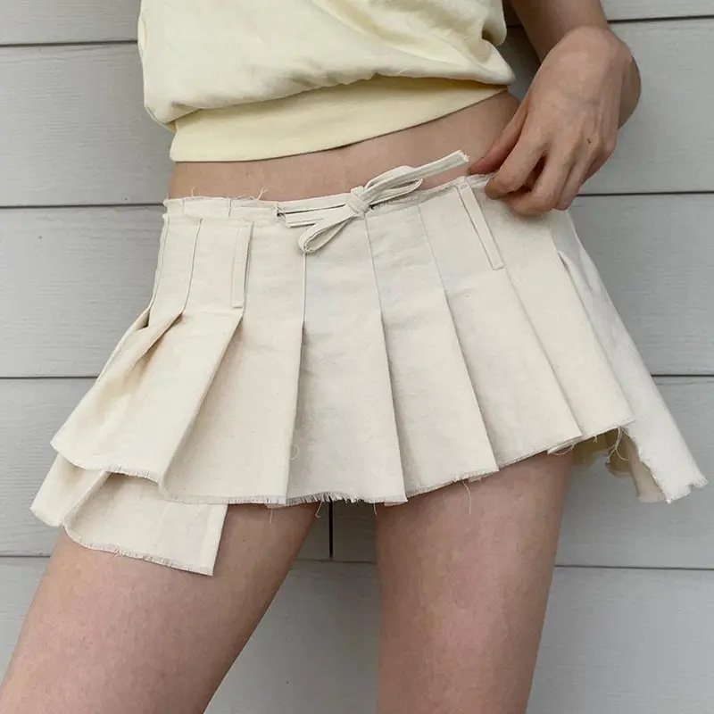 Модная Асимметричная плиссированная юбка из джинсовой ткани на шнуровке