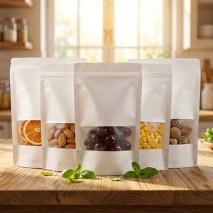 Sachet Doypack en papier kraft blanc de qualité alimentaire avec fermeture éclair et fenêtre, idéal pour l'emballage de noix et de thé - Product Image 1