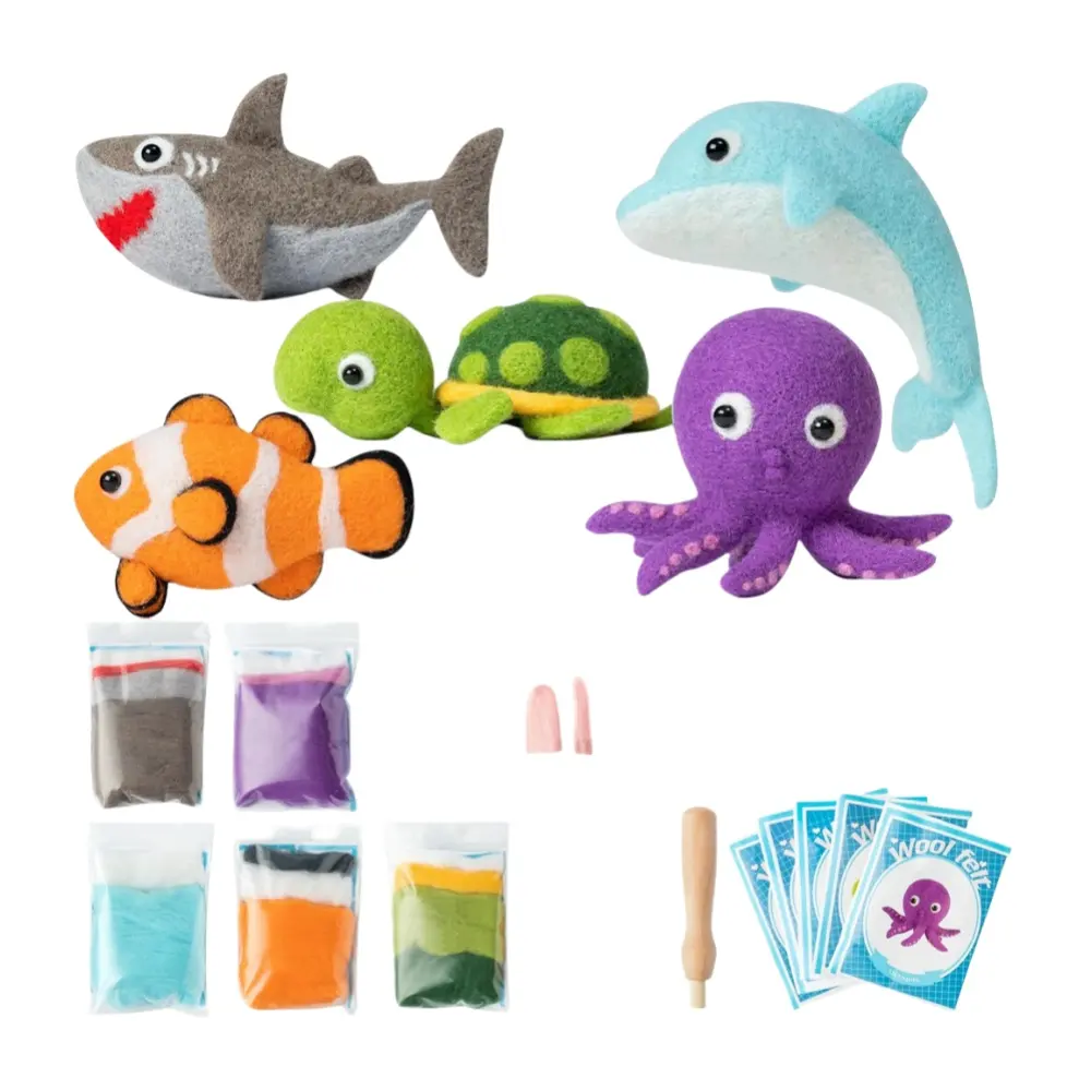 Venta caliente 5 uds animal marino tiburón delfín tortuga pulpo lana aguja fieltro costura artesanía kit para fiesta de cumpleaños regalo educativo