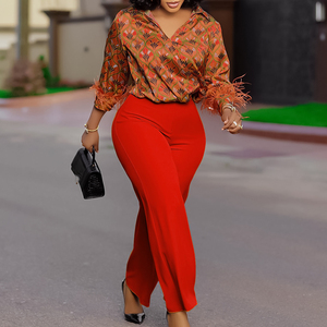 Printed Patchwork Three Quarter Sleeve Shirt Elegant Wide Leg <b>Pants</b> Women's 2 Piece Set Fashion - Product Image 3