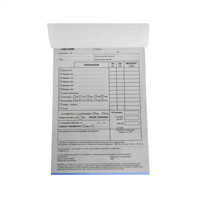 wholesale customized carbon-less invoice book 45g 55g 80g two parts carbonless receipt book custom