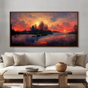 Peinture à l'huile Coucher de soleil sur lac sur toile, prête à accrocher, encadrée style galerie, thème nature et vie lacustre, pour la maison et les collections - Product Image 2