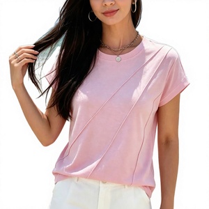 T-shirt rose respirant à col rond pour femme, manches courtes, détails de coutures diagonales, coupe ample, style minimaliste, printemps - Product Image 1
