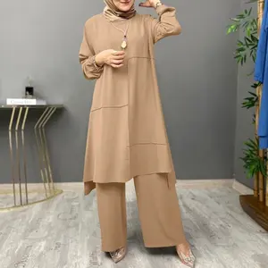 Elegante langärmelige Bluse weites Bein Hosen-Sets Damen lässiger Trainingsanzug muslimisch zweiteiliges Abaya-Sets solide lockere Outfits 2-teiliger Anzug