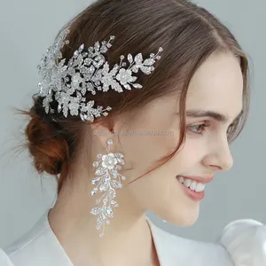 Fashion Metal Flower Bridal Hair Clips With Left Right Side Women Alloy Crystal Leaves Wedding Hair Clip Set