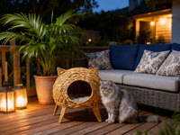 Lit pour chat surélevé en jacinthe d'eau naturelle fait à la main avec de jolies oreilles, lit pour animaux de compagnie en forme de dôme surélevé, coussin lavable inclus