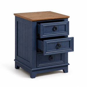 Farmhouse Solid Wood Nightstand with 3 Drawers <strong>Rustic</strong> Country Style <strong>Bedside</strong> <strong>Table</strong> with Wood Top and Ring Pull Handles Bedroom - Product Image 5
