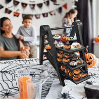 Decoración gótica de madera negra, tablas de charcutería de ataúd, bandeja de servicio y platos de 3 niveles, decoraciones para fiesta de Halloween, soporte para cupcakes