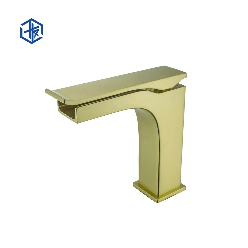 Lavatory Hot and Cold Mixer Taps Waterfall Bathroom Sink Faucets Gold Plating in Brass Basin Faucets Single Handle Single Hole